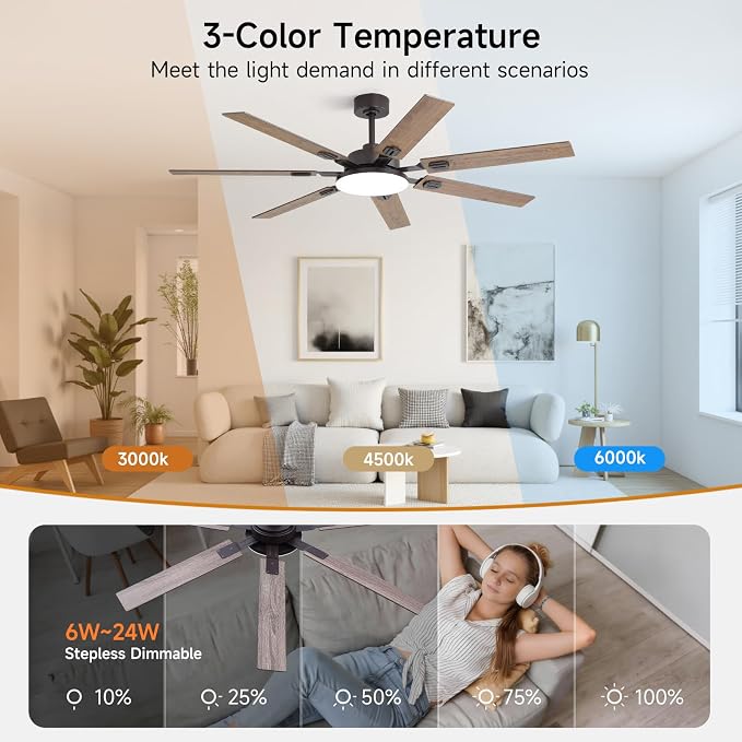 64 Inch Ceiling Fans with Lights and Remote, Bedroom Living Room Office Library Cafe Outdoor Industrial, 5CCT Dimmable, Dual Color 7 Blades, 6 Speed Reversible Quiet DC Motor, Brown/Wood Grain