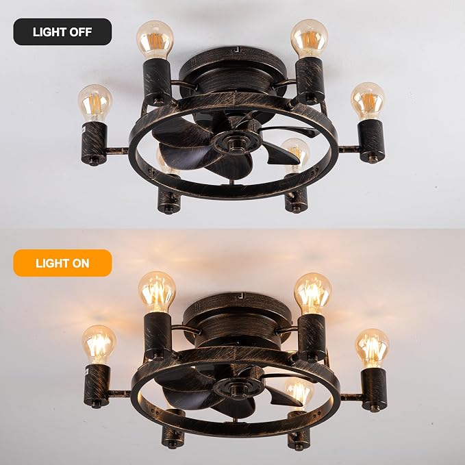 Garwarm Ceiling Fans with Lights and Remote, 20 Inch Low Profile Flush Mount Ceiling Fan with Light, Farmhouse Rustic Industrial Fan Lights Ceiling Fixtures for Bedroom,Kitchen(6 Speed,Timing)-Bronze