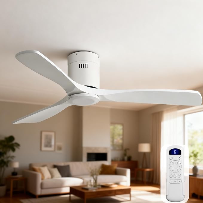 Sofucor 52 Inch Ceiling Fan Without Lights Flush Mount White Solid Wood Ceiling Fan with Remote Control-3 Blades Modern Outdoor Indoor Ceiling Fans No Light for Bedroom/Living Room/Patio/Dining Room