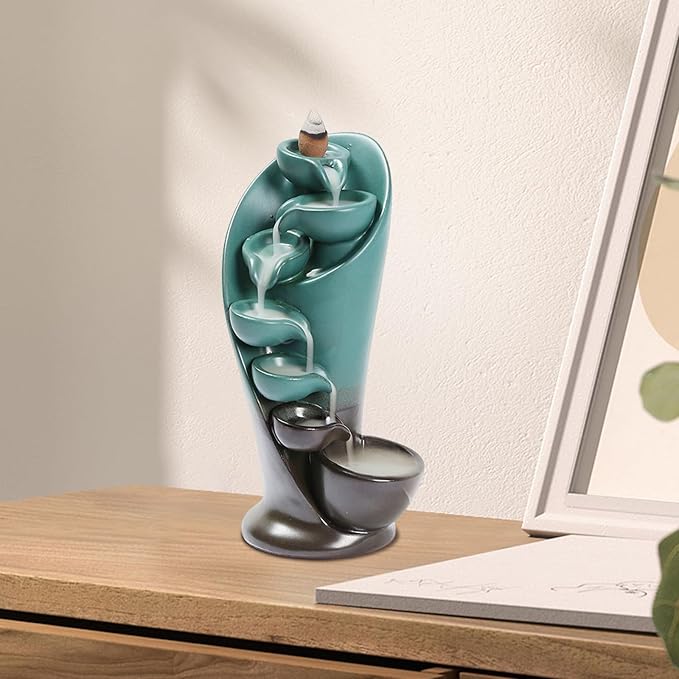 YYW Backflow Incense Burner Holder Handmade Statue Decor Fountain Waterfall Incense Holder with 20 Backflow Incense Cones 30 Incense Sticks 1 Tweezer 1 Mat for Indoor Meditation Yoga (Green)