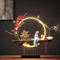 TFCFL Backflow Incense Holder with LED Light Ring, Chinese Style Handmade Flower Censer Incense Burner Home Decor Aromatherapy Ornament Incense Holders with Backflow, USB Cable (Red Plum)