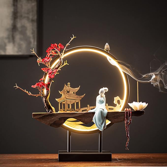 TFCFL Backflow Incense Holder with LED Light Ring, Chinese Style Handmade Flower Censer Incense Burner Home Decor Aromatherapy Ornament Incense Holders with Backflow, USB Cable (Red Plum)