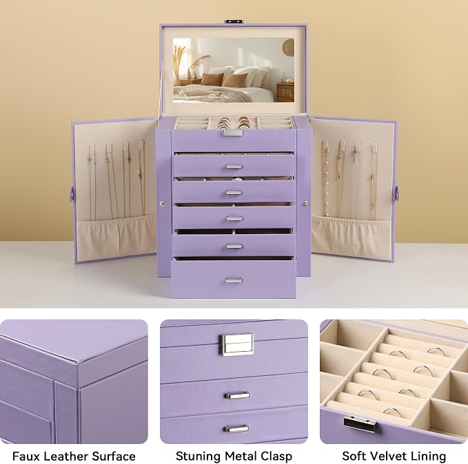 Frebeauty 6-Layer Jewelry Box for Women,Large Jewelry Organizer with Drawer | Faux Leather,Built-in Mirror,Spacious Jewelry Storage,16 Necklace Hooks,Organizing by Category for Rings Earrings Bracelet