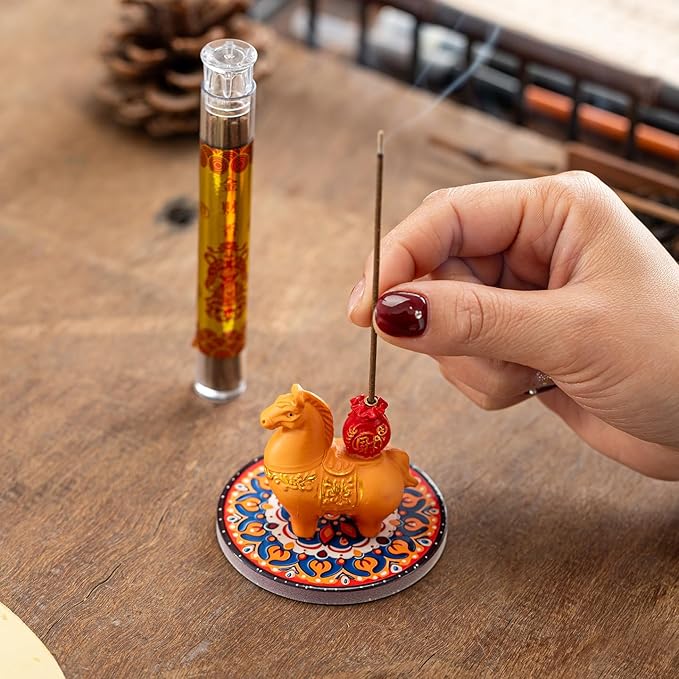 Horse Incense Burner-Resin Fortune Horse Incense Holder with Tray & Gift Box,Aromatherapy Decor for Yoga, Meditation,Home Office,Horse Lover Gift (Orange)
