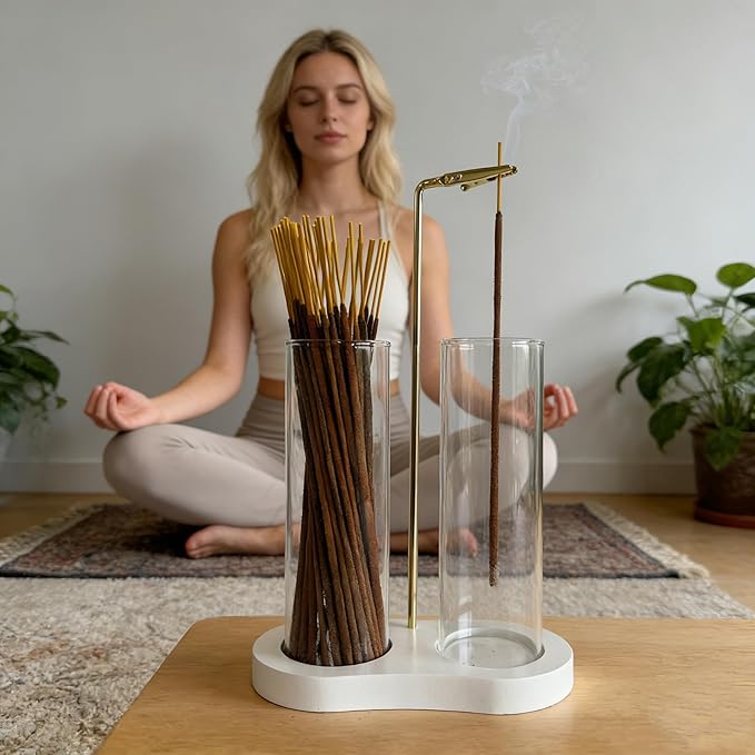 White Incense Holder,Glass Incense Sticks Burner Holder with Storage,Hang Upside Down Incense Holder for Sticks with Glass Ash Catcher for Meditation Yoga Spa Room Decor (White)