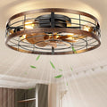 VOLISUN Farmhouse Caged Ceiling Fans with Lights Flush Mount, 23.6'' Rustic Low Profile Ceiling Fan with Light and Remote, Bladeless Fandelier Ceiling Fans with Lights for Kitchen, Bedroom-Gold