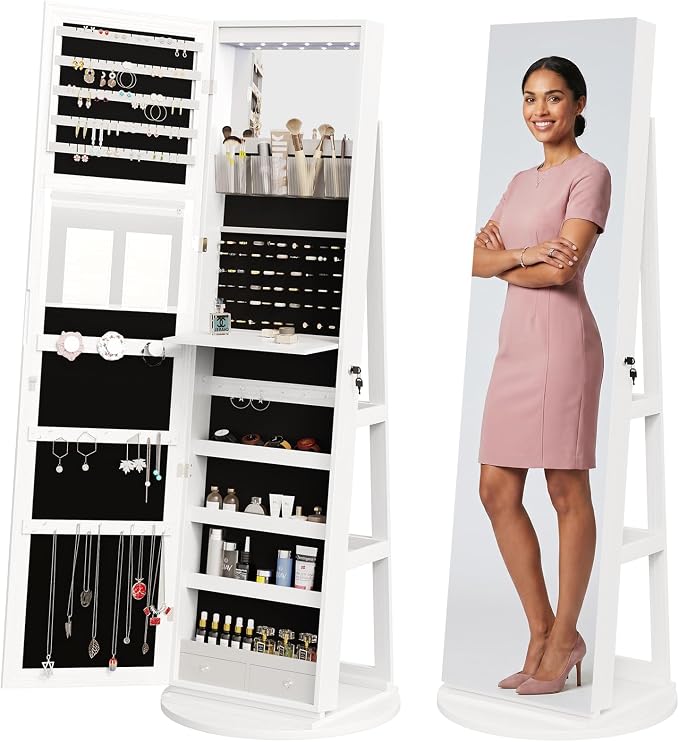 360° Rotating Jewelry Armoire with Full-Length Mirror & LED | Lockable Standing Organizer, Secure Storage For Jewelry, White