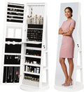 360° Rotating Jewelry Armoire with Full-Length Mirror & LED | Lockable Standing Organizer, Secure Storage For Jewelry, White