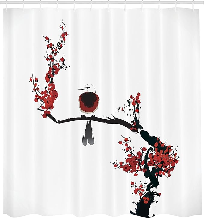 Ambesonne Nature Shower Curtain, Bird on Cherry Tree Summertime Classic Painting Style Illustration Print, Cloth Fabric Bathroom Decor Set with Hooks, 69" W x 84" L, Black Red