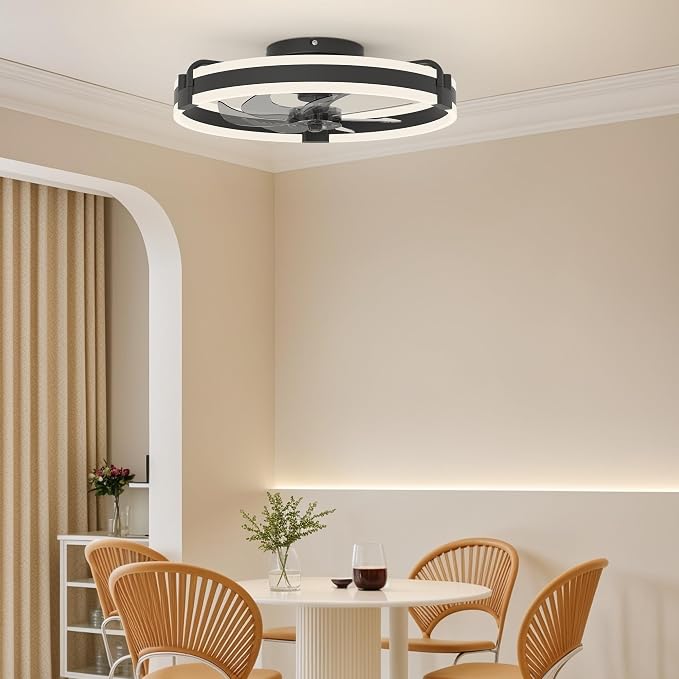 Garwarm 20 Inch Ceiling Fans with Lights and Remote, Modern Low Profile Ceiling Fan,3000K-6000K Dimmable LED Small Fan Light Fandelier for Bedroom,Black