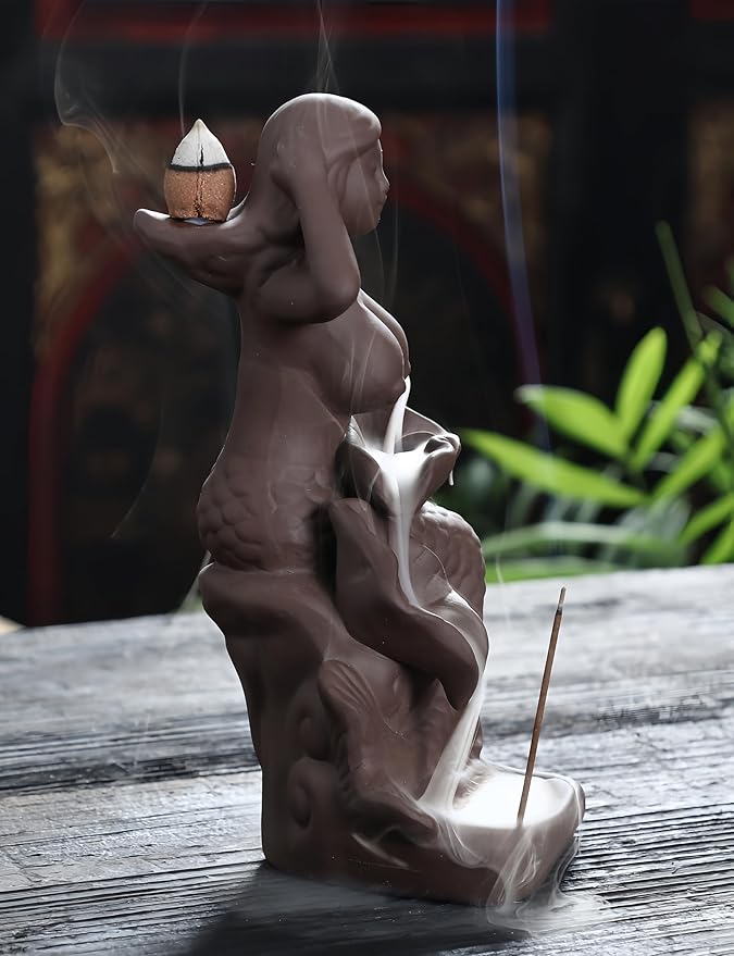 Mermaid Backflow Incense Burner and Incense Cones, Handmade Ceramic Waterfall Incense Holders Home Decor Gift Artwork Statue Ornaments