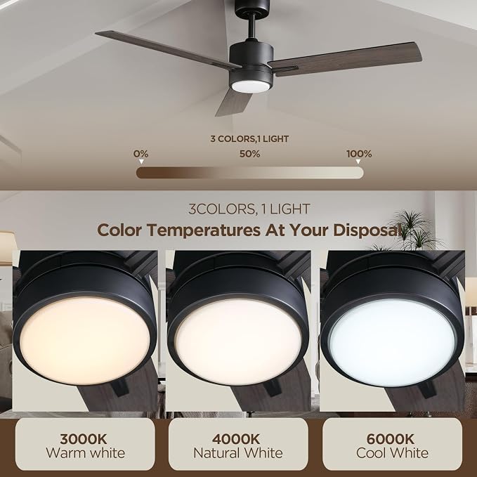 Ceiling Fan with Light Remote: 52 Inch Modern Bedroom Fans with Dimmable Tri-Color Temperature LED - Quiet Reversible DC Motor - Indoor Outdoor