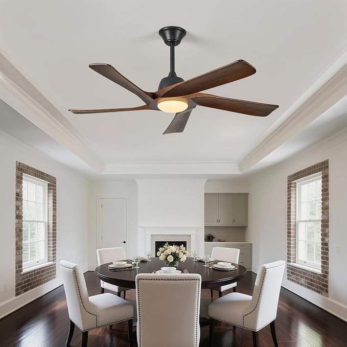 52" DC Ceiling Fan with Light, 5 Solid Wood Blades, Remote and APP Control, 3-color Dimmable, 6-speed Reversible, Quiet Ceiling Fan for Bedroom, Living Room, Dark Walnut