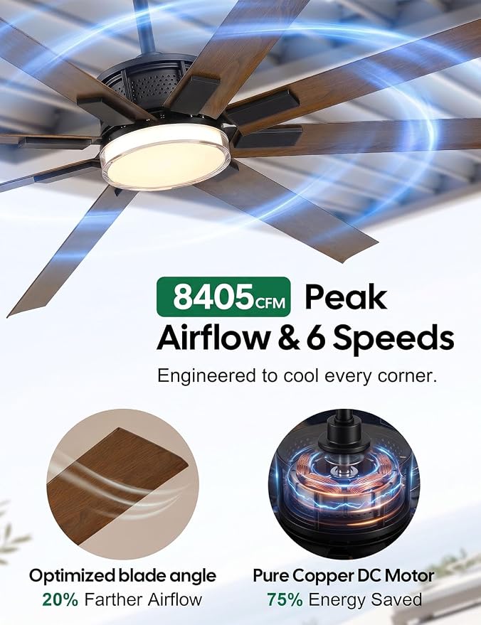 65 Inch Smart Outdoor Ceiling Fans for Patios with Light Waterproof, Wet Rated 8 Aluminum Blades, Alexa/App/Remote Control, High-CFM Quiet DC Motor, for Large Exterior Garage, Pergola, Outside Gazebo