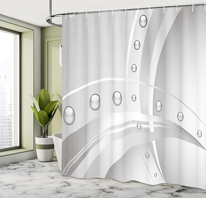 Ambesonne Abstract Shower Curtain, Surreal Composition Lines Curves and Vivid Bubble Like Balls Print, Cloth Fabric Bathroom Decor Set with Hooks, 69" W x 70" L, Dimgray Grey White
