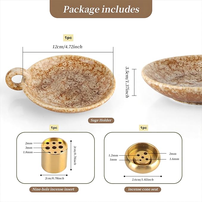 Generic 5 in 1 Ceramic Incense Holder Ash Catcher, Multi-Funtional Palo Santo Holder for Sage Sticks Cones Candle, Ideal for Meditation, Relaxing, Easy to Clean (Yellow Brown)