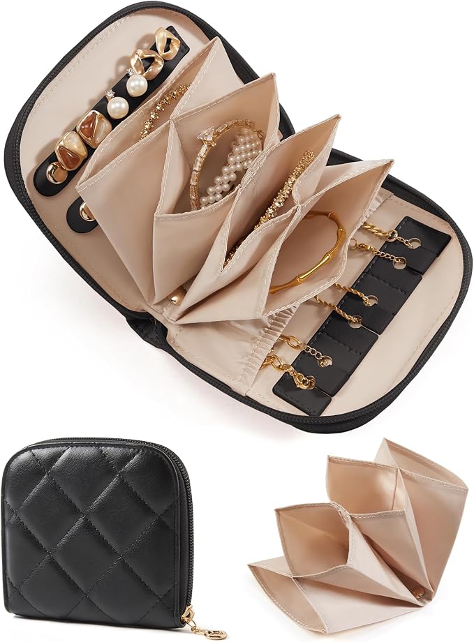 BAGSMART Travel Jewelry Case, Leather Zip for Rings Necklaces | Removable inner pocket, 3 tangle-free clips, 1 elastic pocket, 2 leather snap straps for rings/earrings