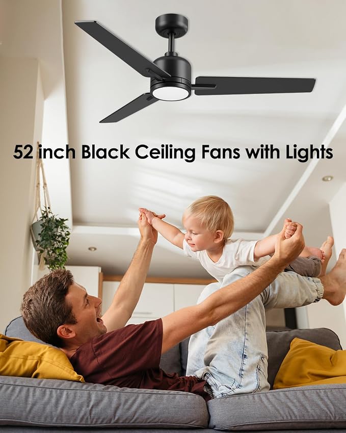 Newday 52 inch Ceiling Fans with Lights and Remote, Black 3 Blade Outdoor Fans for Patios -Dimmable Indoor DC Motor, 6 Speed, Quiet Noiseless, 3 CCT, Reversible, High CFM