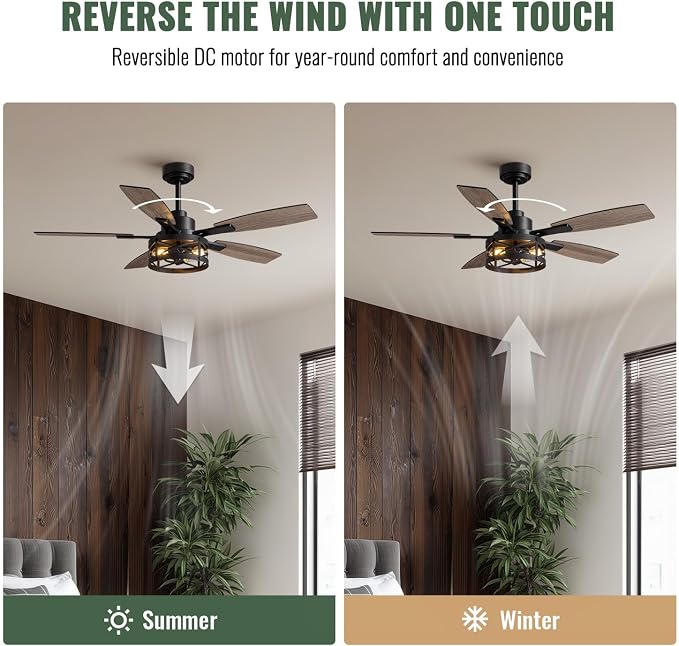 52 Inch Ceiling Fan with Light and Remote Control, Farmhouse Ceiling Fan with LED Lighting for Bedroom Living Room and Patio, Black Caged Ceiling Fan for Indoor and Outdoor(NO Bulbs)