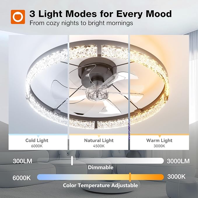 addlon Ceiling Fans with Lights and Remote, 24'' Low Profile Flush Mount Ceiling Fan, 3000–6000K Dimmable LED Fandelier, Bladeless Crystal Fan Light for Bedroom, Kitchen, Living Room, Black