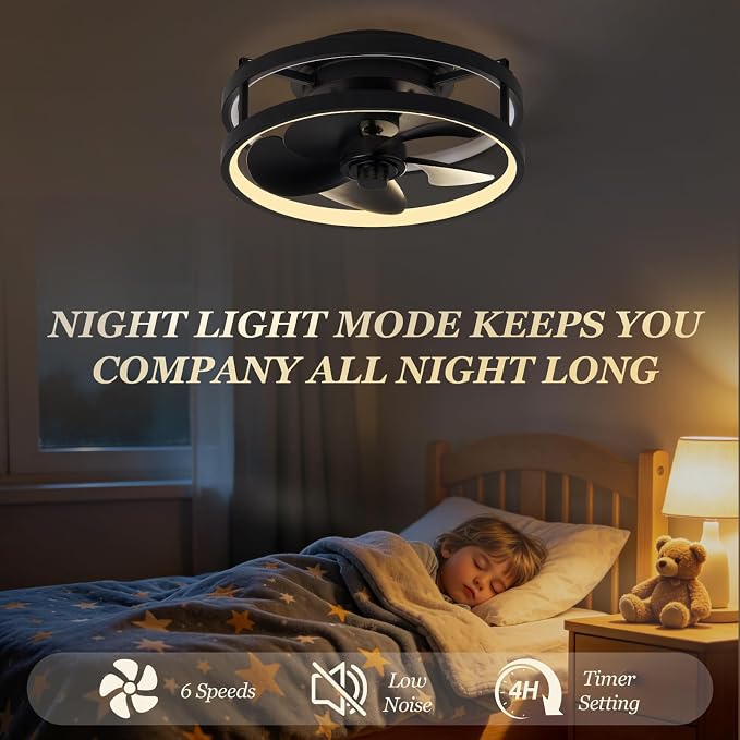 13 Inch Small Ceiling Fan with Light and Remote, Low Profile Flush Mount Fandelier, Dimmable 3CCT Quiet LED Ceiling Fans for Bedroom Black RBG
