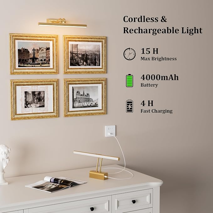 Battery Operated Wall Light for Living Room, 4000mAh Picture Light for Wall Set of 2, Remote & Touch Control, 3 Color Temps, Display for Gallery, Living Room, Bedroom(Gold)