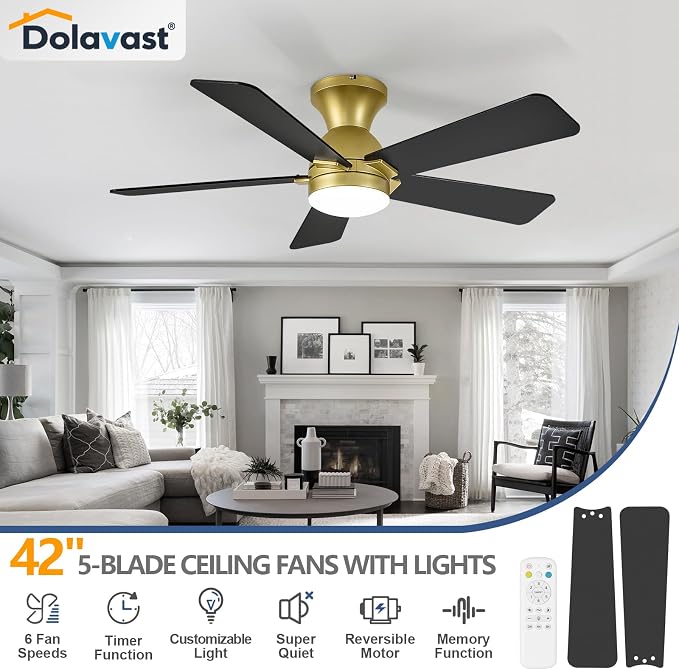 Ceiling Fans with Lights, 42 Inch Low Profile Ceiling Fan with Light and Remote Control, Flush Mount, Reversible, 3CCT, Dimmable LED, Quiet, Gold Ceiling Fan for Bedroom, Kitchen