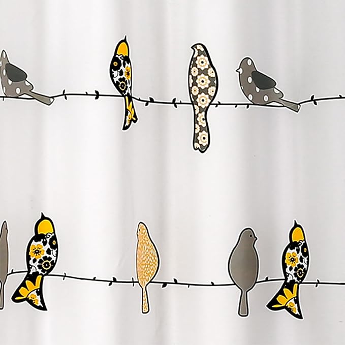 Lush Decor Rowley Birds Shower Curtain, 72” W x 72” L, Yellow & Gray - Colorful Floral Bird Pattern - Whimsical & Playful Bird Shower Curtain - Farmhouse, Coastal, & Boho Bathroom Decor