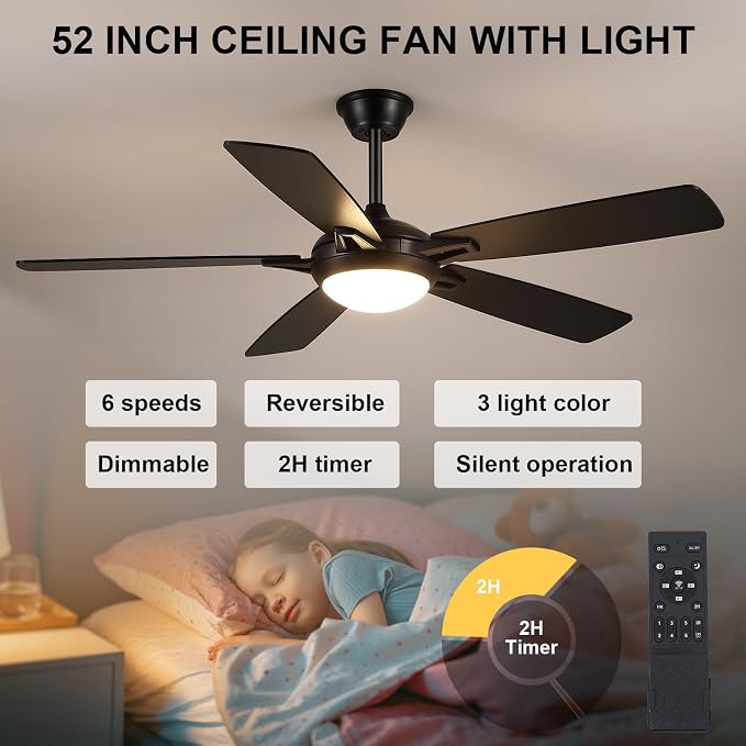 Kviflon 52 Inch Ceiling Fans with Lights and Remote, Modern Indoor Outdoor Ceiling Fan for Bedroom Living Room Patio Porch, 6 Speeds, Reversible Quiet Motor, Dual Finish Wooden Blades, Black