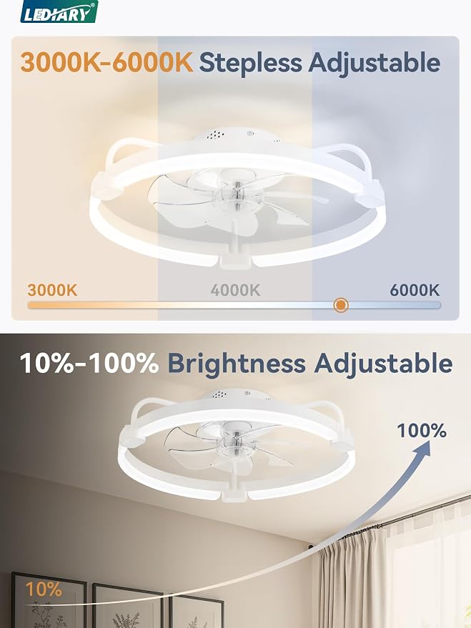 LEDIARY Ceiling Fans with Lights and Remote, 20'' Low Profile Ceiling Fan with Light, 3000-6000K Dimmable Fandelier LED Fan Light, 6 Wind Speeds, White Modern Flush Mount Ceiling Fan for Bedroom