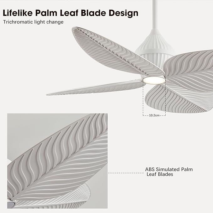 52" Tropical Ceiling Fans with Lights, Indoor Palm Leaf Ceiling Fan with Light and Remote for Living Room Bedroom, ABS Blades, Dimmable LED Lights, 6 Speeds, Adjustable Height-White