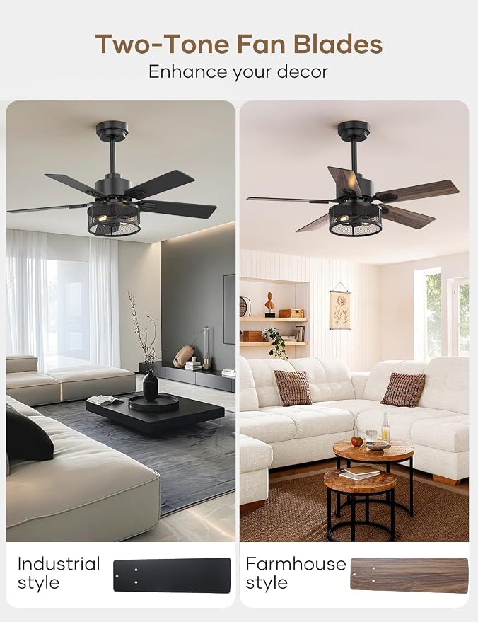 Farmhouse Ceiling Fans with Lights and Remote, 42 Inch Black Caged Ceiling Fan, Indoor/Outdoor Ceiling Fan with Dual-Color Blade Warm White Lighting for Bedroom, Patio, Kitchen, Living Room
