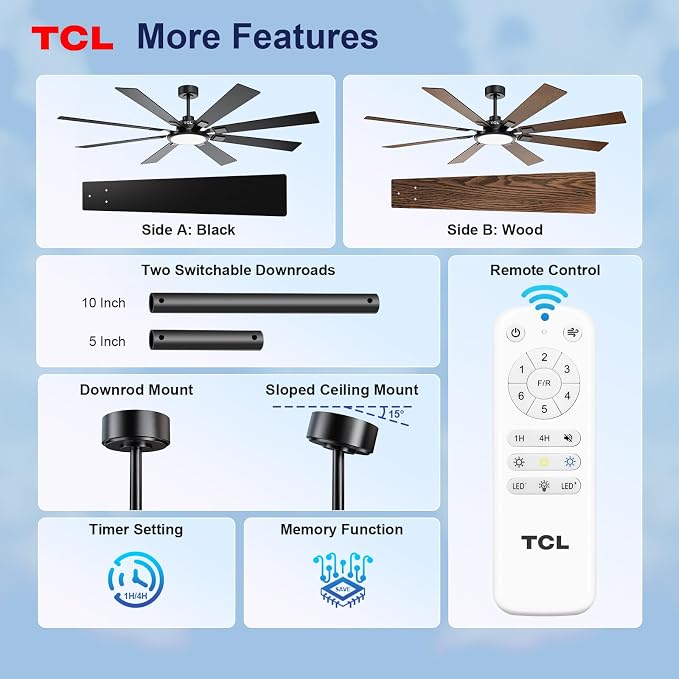 TCL Ceiling Fans with Lights and Remote: 8 Blades, Quiet Reversible DC Motor, Dimmable Super Bright LED, Noiseless Large Modern Fan for Room, Outdoor, Commercial and Industrial Use (Black, 72 Inch)