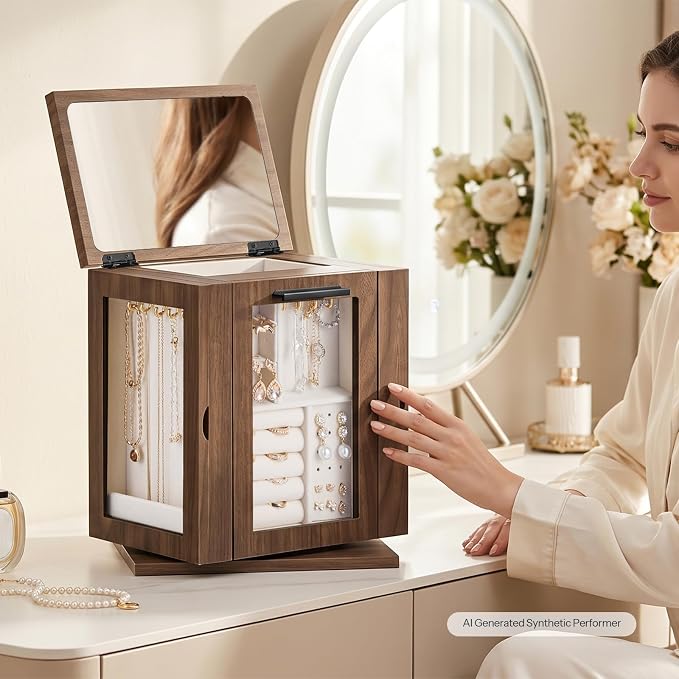 HOOBRO 360° Rotating Jewelry Box with Mirror, Jewelry Organizer with 4 Drawers, 3 Transparent Acrylic Doors, Wooden Jewelry Storage Box for Necklaces, Rings, Bracelets, Earrings, Walnut BH31JB04