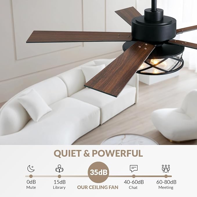 Farmhouse Ceiling Fan with Lights 52 Inch Caged | Bubble glass shade farmhouse fandelier with walnut blades, quiet DC motor, remote, 6 speeds, timer for stylish living spaces.