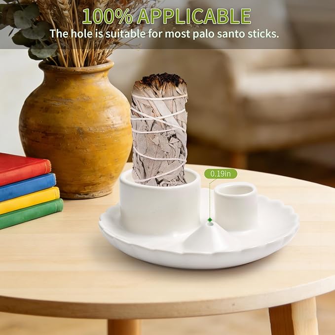 Palo Santo Sticks Holder, 4 in 1 Incense and Candle Holder for Burning Sage and Sticks for Burning, Ash Catcher Tray for Meditation Yoga Room (White)
