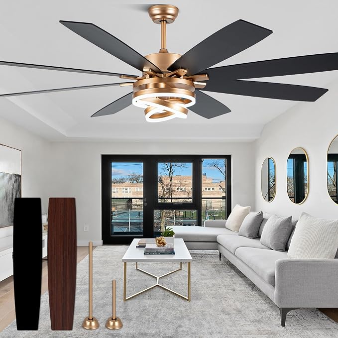 72 Inch Large Gold Modern Ceiling Fans with Lights | Remote, 6-speed reversible DC motor, dimmable, 3 adj rings; suitable for indoor/outdoor use, living room & kitchen.