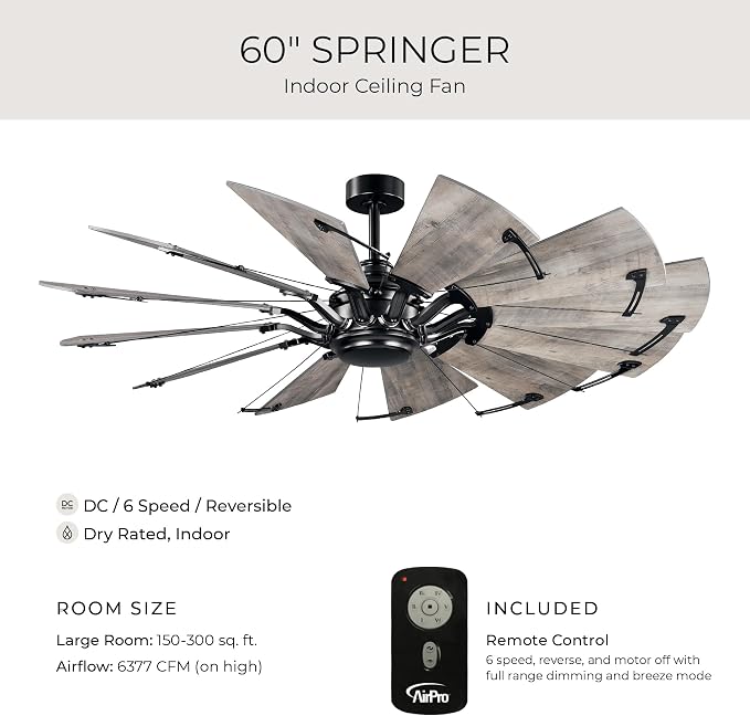 Progress Lighting Springer Collection DC Motor Farmhouse Windmill Ceiling Fan, Matte Black, 12-Blade (60" W x 17-3/8" H) P250000-31M