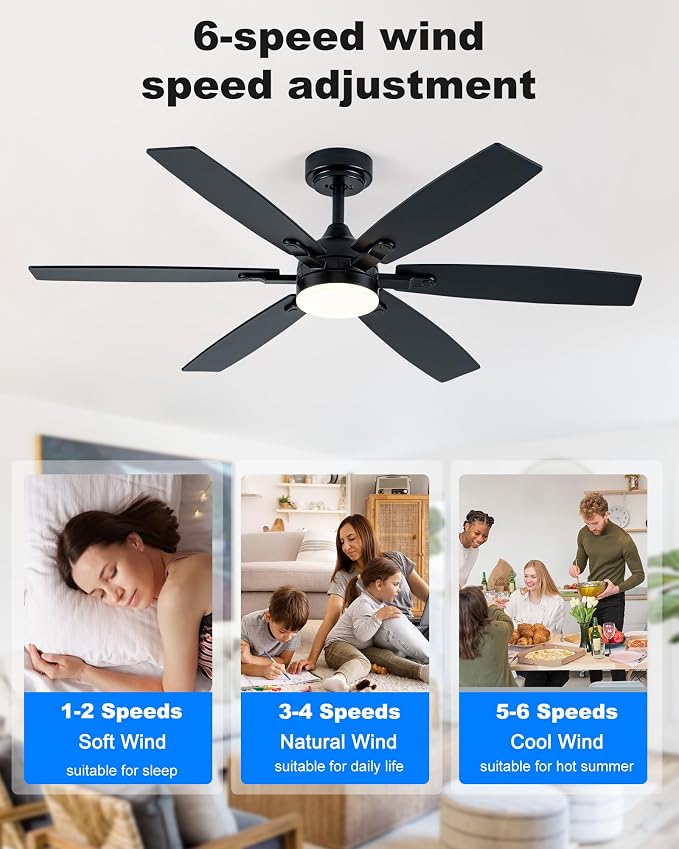 Coolwind 52" Ceiling Fan with Light, Black 6 Double-Side Blades and App/Display Remote Control, 6 Speed Reversible DC Motor, 3CCT Dimmable Led Flush Mount Ceiling Fan for Bedroom Indoor/Outdoor Use