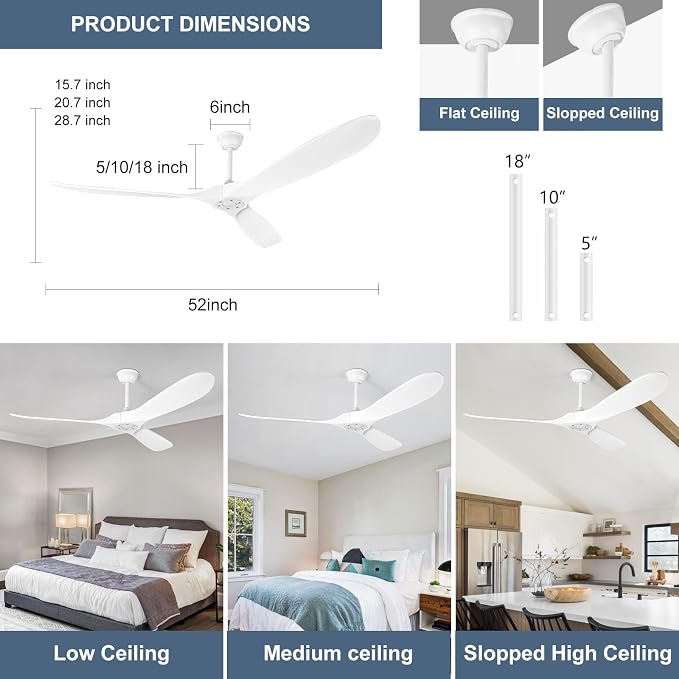 Solid Wood Ceiling Fans no Light, Ceiling Fan with Remote Control,DC Motor with Large Airflow,Indoor and Outdoor Ceiling Fan for Living Room,Bedroom,Patios（White,52 Inch）