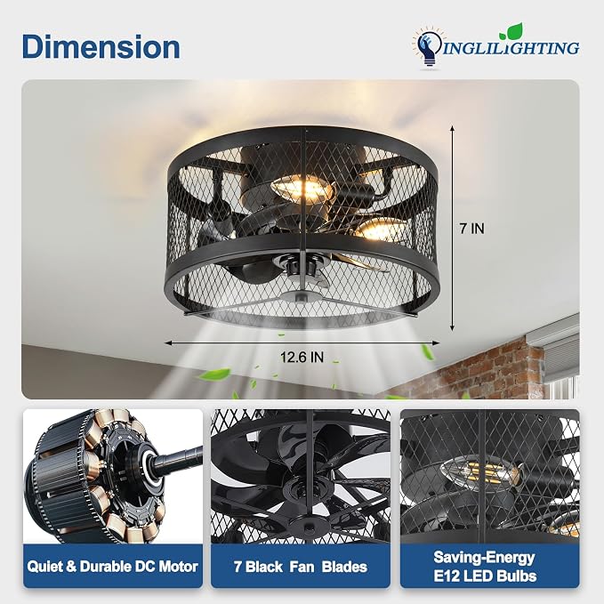 DLLT Caged Ceiling Fans with Light: 13" Small Outdoor Farmhouse Ceiling Fan with Remote App Control - Black Rustic Semi Flush Mount Bladeless Enclosed Fan for Bedroon Kitchen E12 Bulbs Not Included