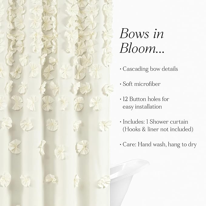 Lush Decor Riley Shower Curtain, 72" W x 72" L", Ivory - Bathroom Curtain - Coquette Decor - Bow Shower Curtains - Cottage Core - Fabric Shower Curtains