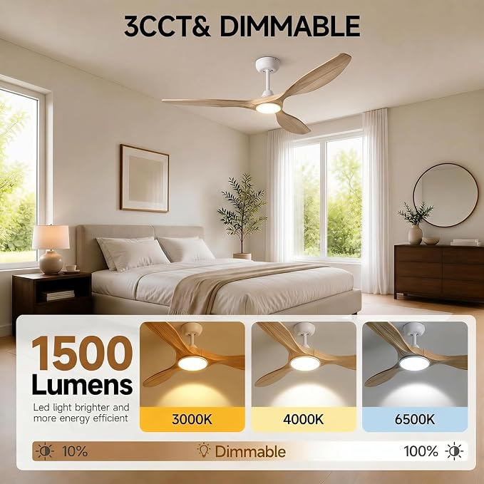 Skylike 52" Wood Outdoor Ceiling Fan with Lights, Propeller Farmhouse Ceiling Fan and Remote Control, 3 Blade Light Wood Ceiling Fan for Patio,Porch, Gazebo, Bedroom