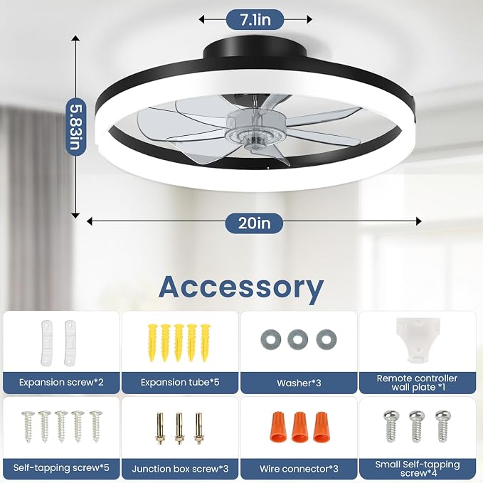 CHAREADA Ceiling Fan with Light, 20" Modern Low Profile Foldable Ceiling Fans with 6 Wind Speeds, Dimmable Smart Ceiling Fan Light with Remote for Bedroom, Kids Room and Living Room(Black)
