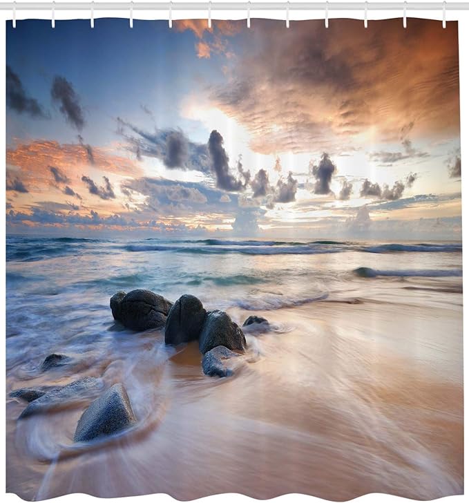 Ambesonne Coastal Shower Curtain, Rocky Coastline with Sunset Rays of Day The Clouds Landscape Beach Picture, Cloth Fabric Bathroom Decor Set with Hooks, 69" W x 75" L, Ivory Blue