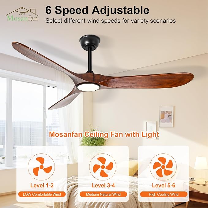 52 Inch Ceiling Fans with Lights and Remote, Wood Outdoor Ceiling Fan with 6 Speed Noiseless DC Motor, Indoor Modern 3 Blade Propeller Ceiling Fan for Bedroom Living Room Gazebo Patio(Walnut)