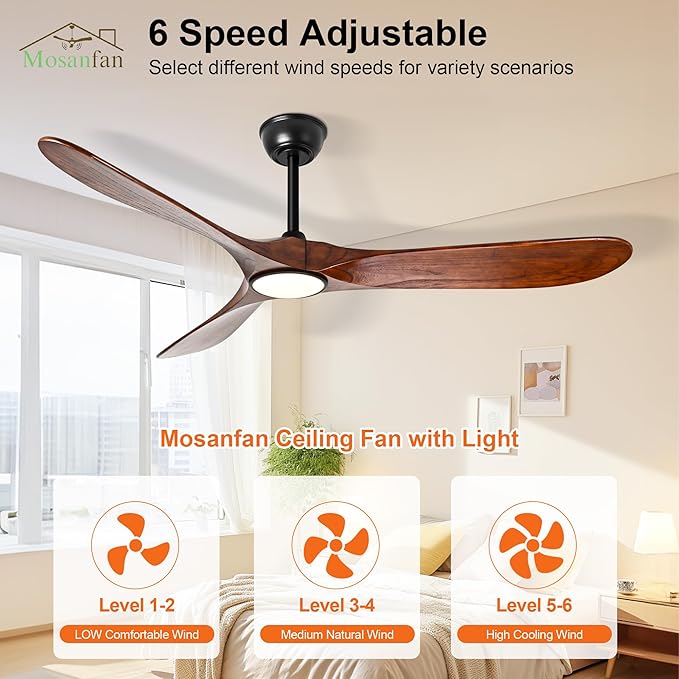 72 Inch Ceiling Fans with Lights and Remote, Wood Outdoor Ceiling Fan with 6 Speed Noiseless DC Motor, Indoor Modern 3 Blade Propeller Ceiling Fan for Bedroom Living Room Gazebo Patio(Walnut)