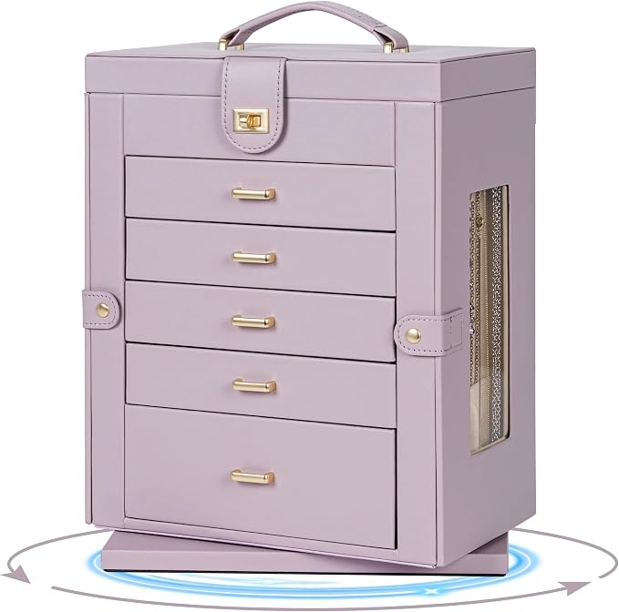 AKOZLIN 6-Tier Jewelry Box Organizer Functional 5 Drawers Leather Jewelry Storage Case for Women Girls Ring Necklace Earring Bracelet Holder Organizer with Mirror XL Purple 360° Rotating