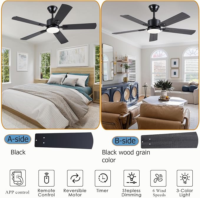 FUMLTP 46 inch Modern Ceiling Fans with Lights APP/Remote Control, Low Profile Reversible 6 Speeds Ceiling Fan Light for Indoor/Outdoor Patio Bedroom Living Room,Black
