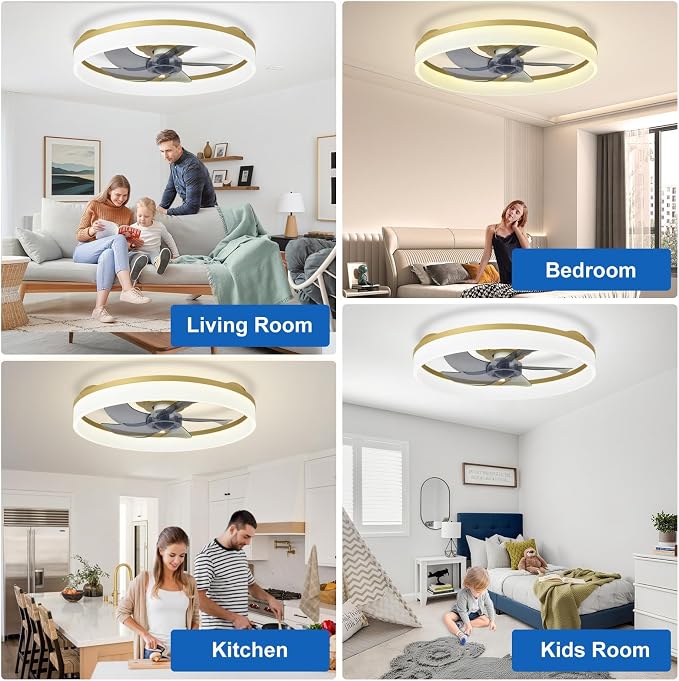 DLLT Low Profile Ceiling Fan: 20" Modern Flush Mount Ceiling Fans with Lights for Bedroom - Gold Dimmable LED Bladeless Fandelier with APP Remote Control Quiet DC Motor for Kids Room Living Room